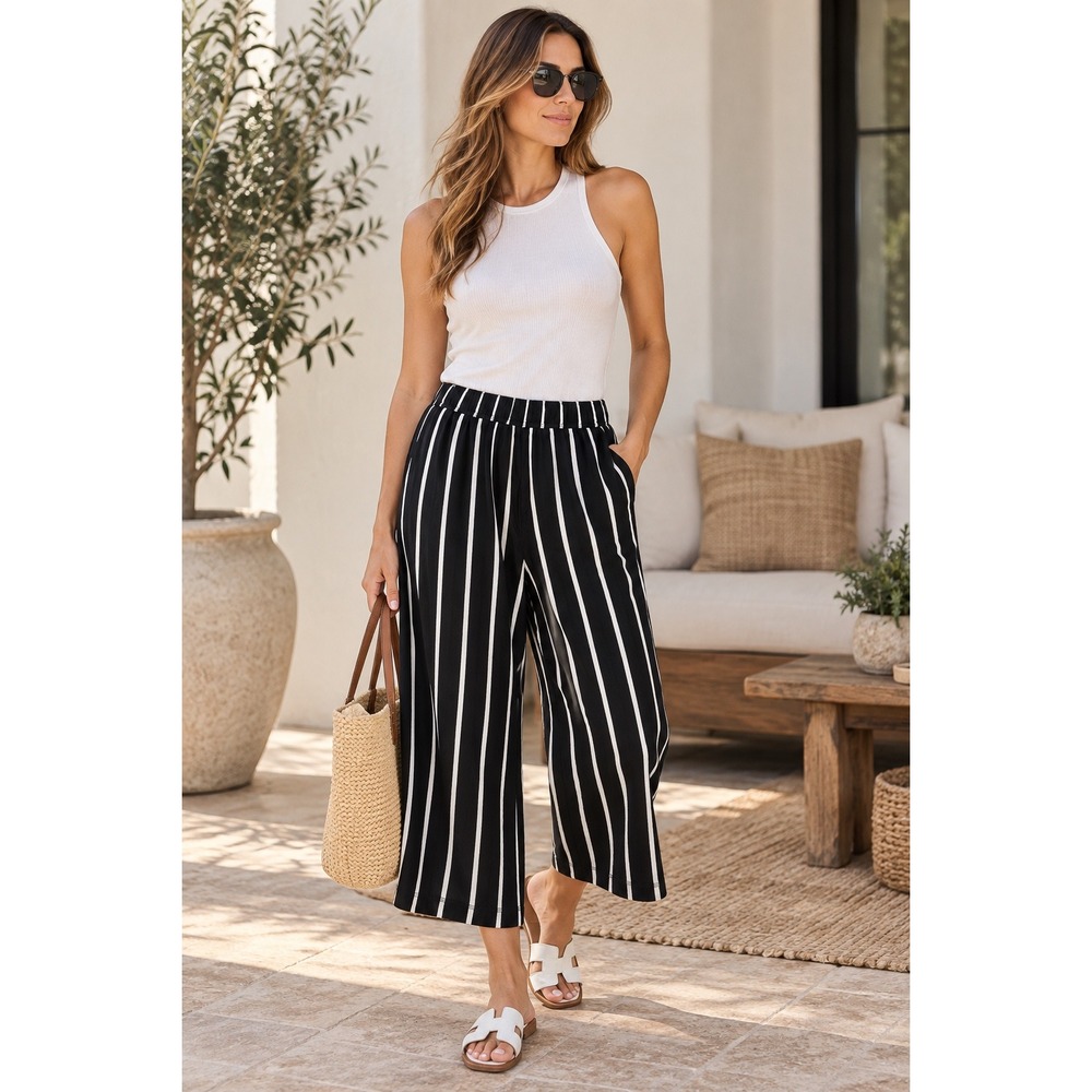 Eileen Fisher S/P Organic Cotton Striped Wide Leg Cropped Pull On Pants